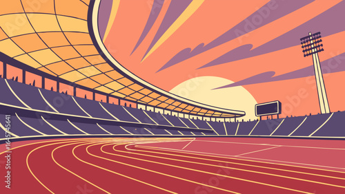 Retro Sports Stadium with Running Track at Sunset.
