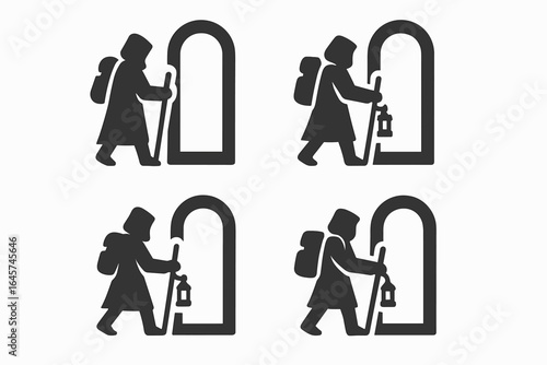 Pilgrim Journey Icon Set – Silhouette of Traveler with Lantern and Backpack Passing Gate, Spiritual Path Symbols