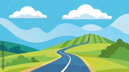 Picturesque Hilly Countryside Road with Fluffy White Clouds Overhead