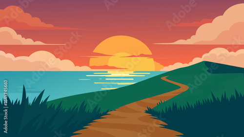 Stunning Sunset Over Ocean from Grassy Path Viewpoint Golden Hour