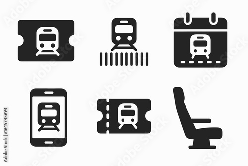 Train ticket icons set – railway travel, passenger booking, transportation pass, simple line style