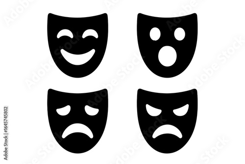 Theatrical expression icons set – drama performance, acting emotions, stage art symbols, simple line style