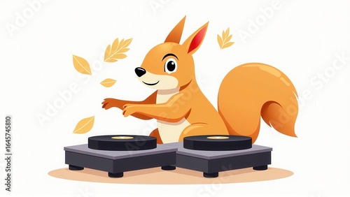 A cheerful cartoon squirrel confidently mixes music on turntables amidst falling autumn leaves.