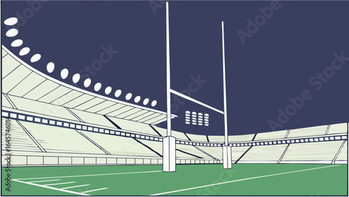 Rugby Stadium Goalposts and Empty Stands at Night.