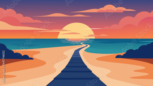Beautiful Pathway Leading to Beach with Golden Sunset Sky and Calm Ocean