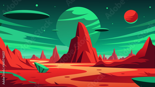 Stunning Futuristic Alien Landscape Featuring Red Rocky Terrain and Peaks