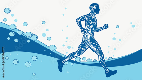 Running Man Silhouette with Muscle Structure in Watery Background.