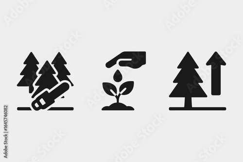 Sustainable forestry icons set – eco forest management, renewable resources, environmental conservation, simple line style