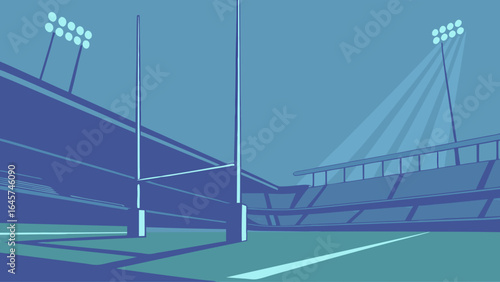 Rugby Stadium with Goal Posts and Floodlights in Blue Tones.