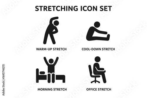 Stretching routine icons set – fitness warm-up, flexibility exercises, body mobility training, simple line style