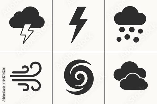 Storm icon set – weather symbols, thunderstorm elements, extreme climate conditions, simple line style