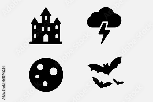 Spooky mansion atmosphere icons set – haunted house, Halloween mood, ghostly night scene, simple line style