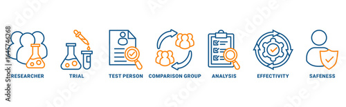 Clinical Study icon set vector concept with icon of researcher, trial, test person, comparison group, analysis, effectivity, safeness 