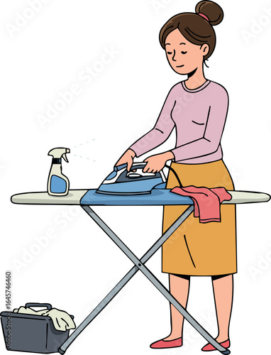 Woman ironing clothes on ironing board with spray bottle and basket vector illustration 