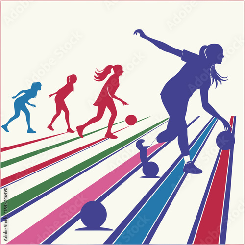Silhouetted Women Bowling Showing Motion and Action.
