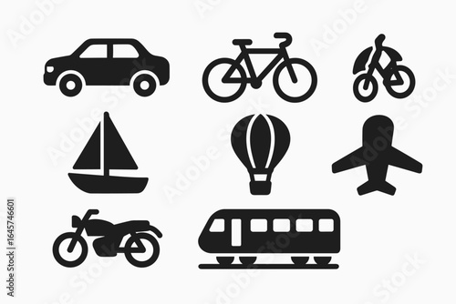 Travel iconography grid – tourism symbols, vacation essentials, global exploration, simple line style