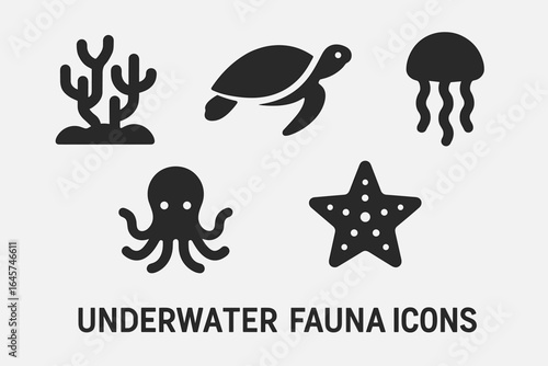 Underwater fauna icons set – marine life, ocean animals, aquatic biodiversity, simple line style