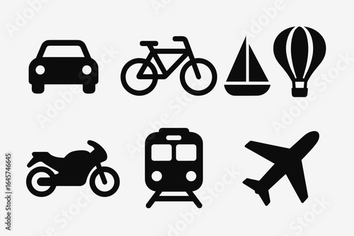 Travel iconography grid – tourism symbols, vacation essentials, global exploration, simple line style