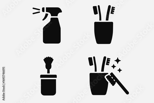 Toothbrush holder icons set – bathroom accessories, oral hygiene tools, dental care items, simple line style