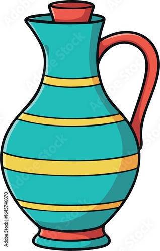 Colorful ceramic pitcher with turquoise and red stripes vector illustration 