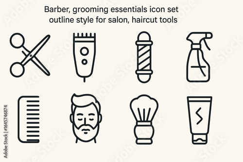 Barber tools icons set – hairdressing equipment, grooming accessories, salon supplies, simple line style