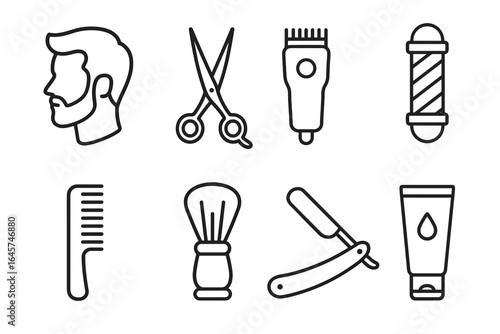 Barber tools icons set – hairdressing equipment, grooming accessories, salon supplies, simple line style
