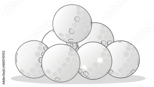Stack of Five Gray and White Golf Balls with Dimpled Surface.