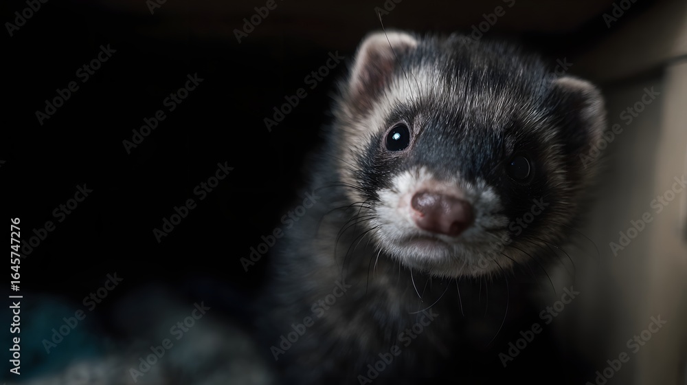Fototapeta premium Ferret exploring its home environment with a curious alert expression