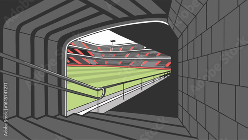 Stadium Player Tunnel View Green Field and Red Seats.