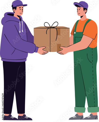 Two men exchanging package delivery in casual clothing with purple and green outfits vector illustration 