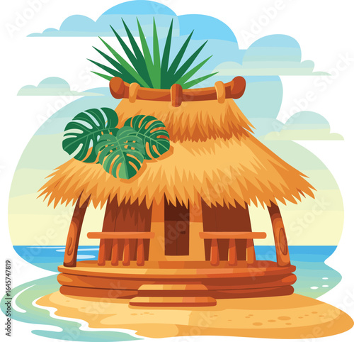 Tropical beach hut illustration, cartoon bamboo house, summer vacation concept, exotic island bungalow, oceanfront cottage with palm leaves roof