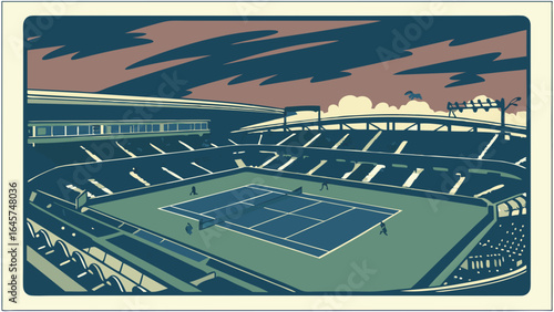 Tennis Stadium Elevated View Retro Style.
