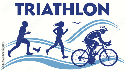 Triathlon Silhouette Running Swimming and Cycling.