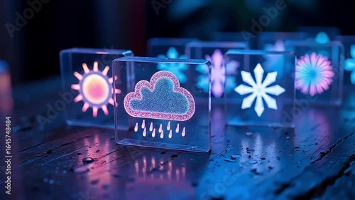 Vibrant weather icons glow in translucent cubes, showcasing sun, rain, and snowflakes in a dynamic display.