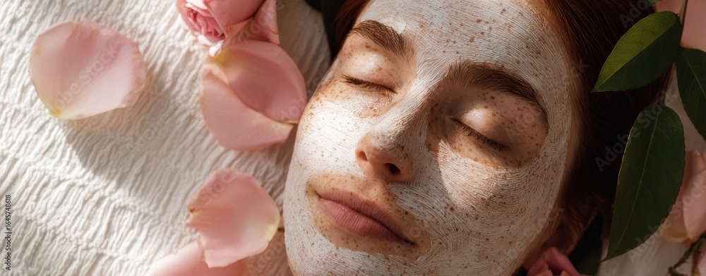 Naklejka premium The Facial Mask Moment: Serene Woman Resting Amid Pink Rose Petals