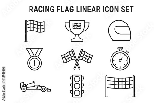 Motorsports icon set – racing symbols, automotive competition, speed and performance, simple line style
