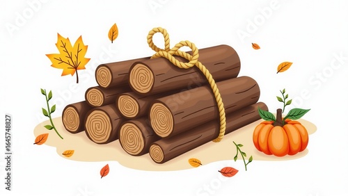 Autumn firewood bundle tied with rope and a pumpkin surrounded by falling leaves illustration.