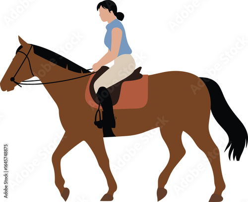Woman horseback riding on brown horse, equestrian sport activity, outdoor leisure, casual riding outfit, healthy lifestyle, animal companionship, nature experience, riding boots and saddle