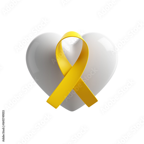 Icone 3D Coração branco com faixa amarela para campanha de Setembro Amarelo