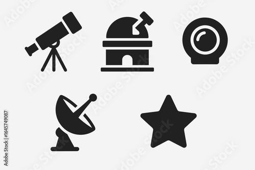 Space observation icons set – astronomy tools, cosmic exploration, night sky study, simple line style