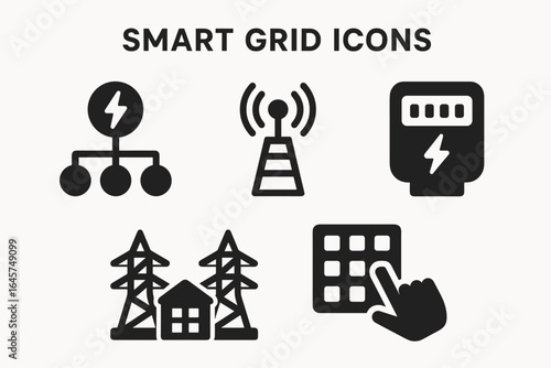 Smart grid icons set – energy network, renewable power, digital electricity system, simple line style