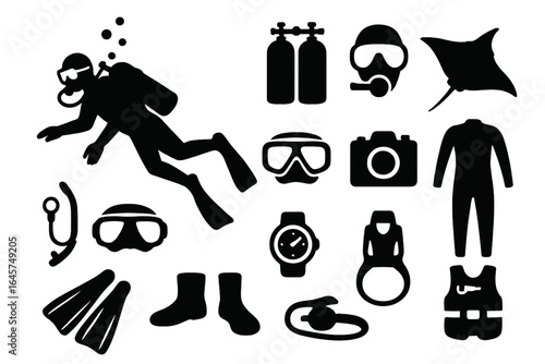 Diving icons collection – underwater exploration, scuba gear, marine adventure, simple line style