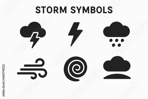 Stormy weather icons set – thunderstorm, heavy rain, lightning, strong wind, simple line style