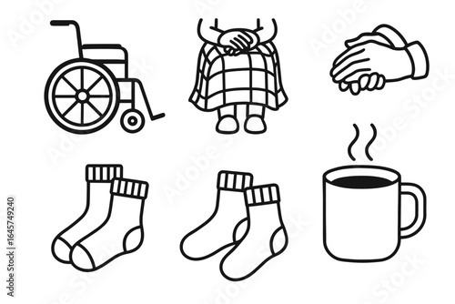 Elderly care essentials icons set – senior support, healthcare assistance, home care equipment, simple line style