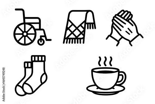 Elderly care essentials icons set – senior support, healthcare assistance, home care equipment, simple line style