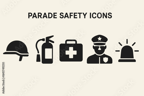 Parade safety icons set – event security, crowd management, public protection, simple line style