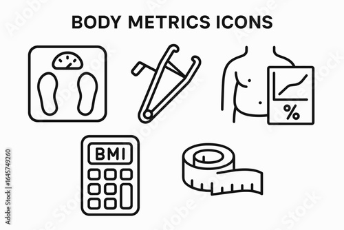 Body metrics icons set – health measurement, fitness tracking, physical data analysis, simple line style