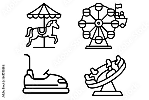 Carnival ride icons set – amusement park attractions, fairground entertainment, fun festival symbols, simple line style