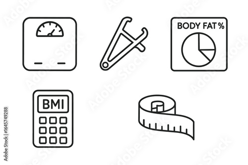 Body metrics icons set – health measurement, fitness tracking, physical data analysis, simple line style