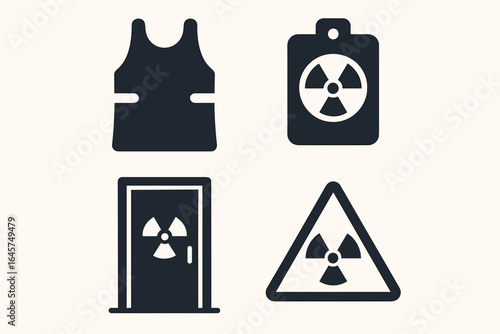 Radiology safety icons set – medical imaging protection, radiation awareness, healthcare symbols, simple line style